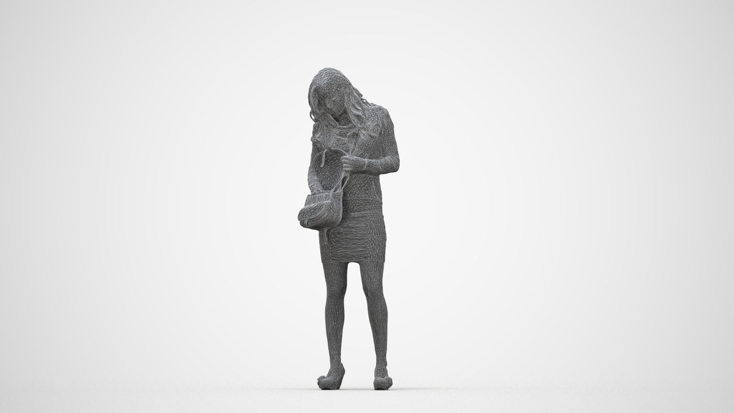 realistic 3D human woman business standing, archviz people FBX OBJ for Blender, wireframe top-down view
