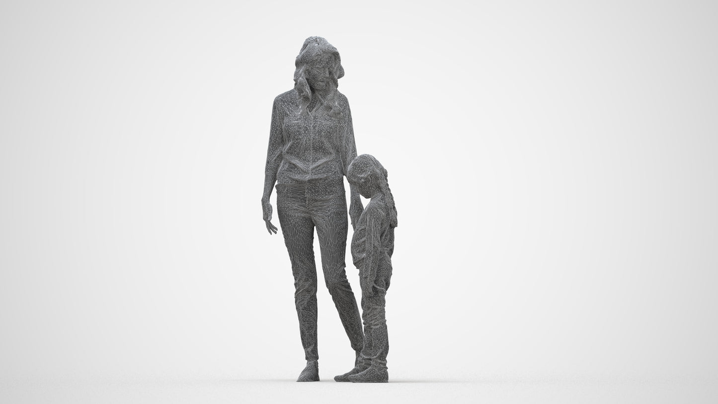 photogrammetry 3D girl casual kids, realistic human model archviz FBX, wireframe top-down view