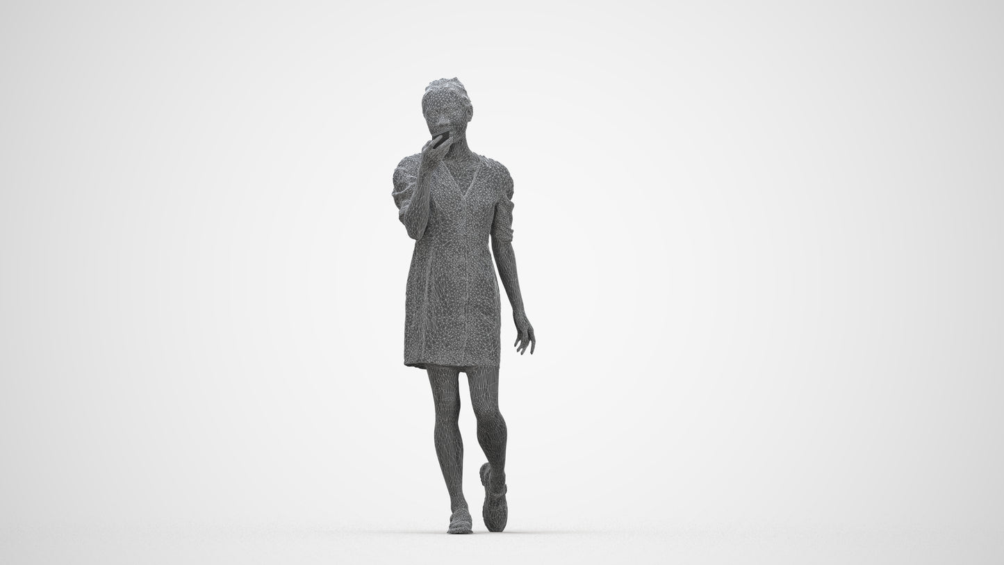 3D scanned woman walking business, photorealistic archviz people for Enscape and SketchUp, wireframe top-down view