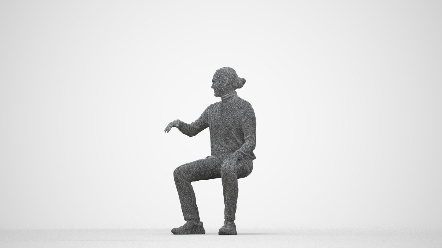 photogrammetry 3D man casual sitting, realistic human model archviz FBX, wireframe top-down view