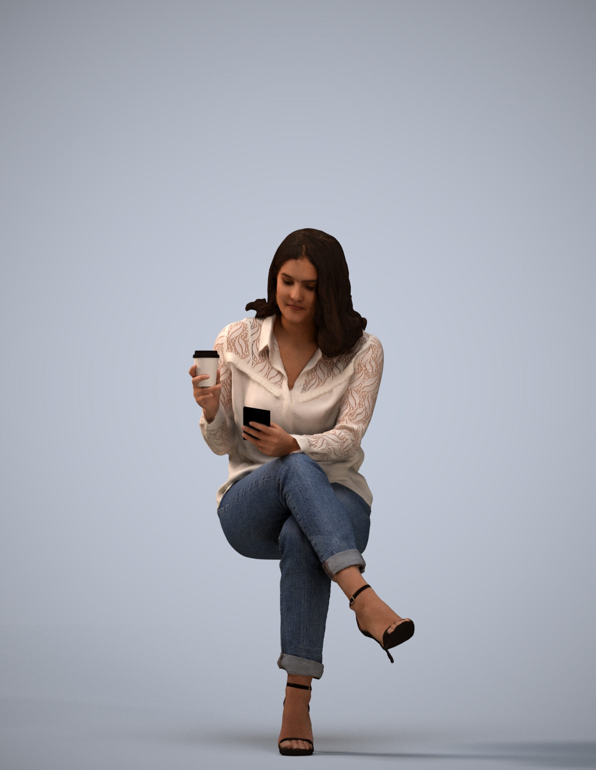 scanned 3D woman casual sitting, photogrammetry people for Enscape and V-Ray