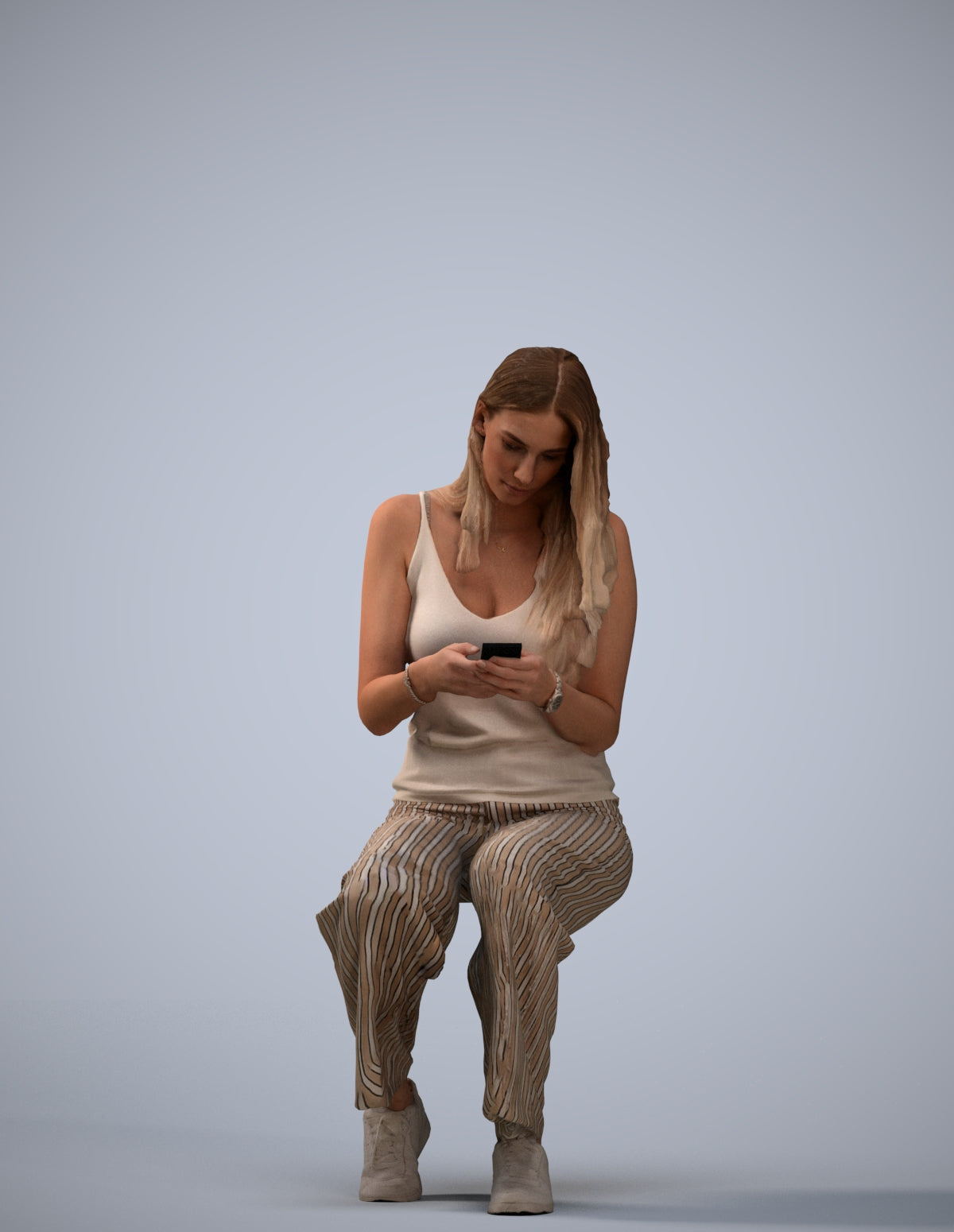 3D human model woman casual sitting, photogrammetry scanned person for archviz