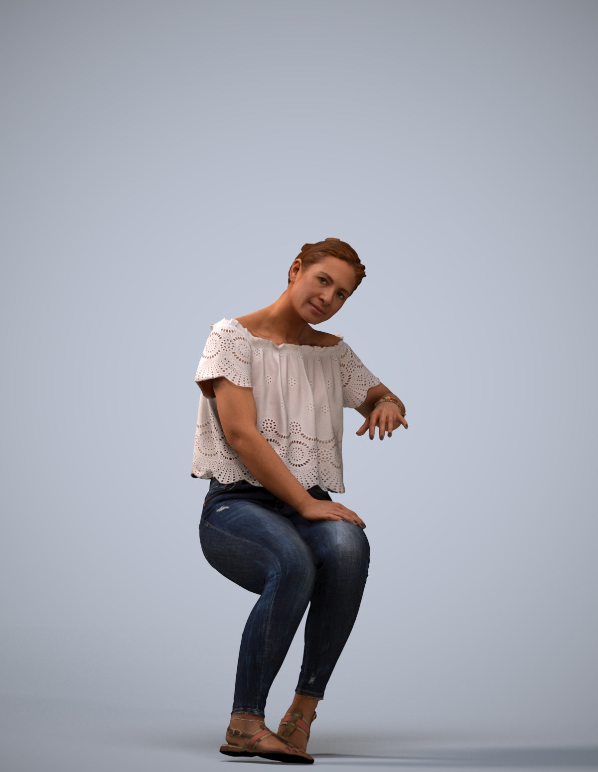 3D human model woman casual sitting, photogrammetry scanned person for archviz