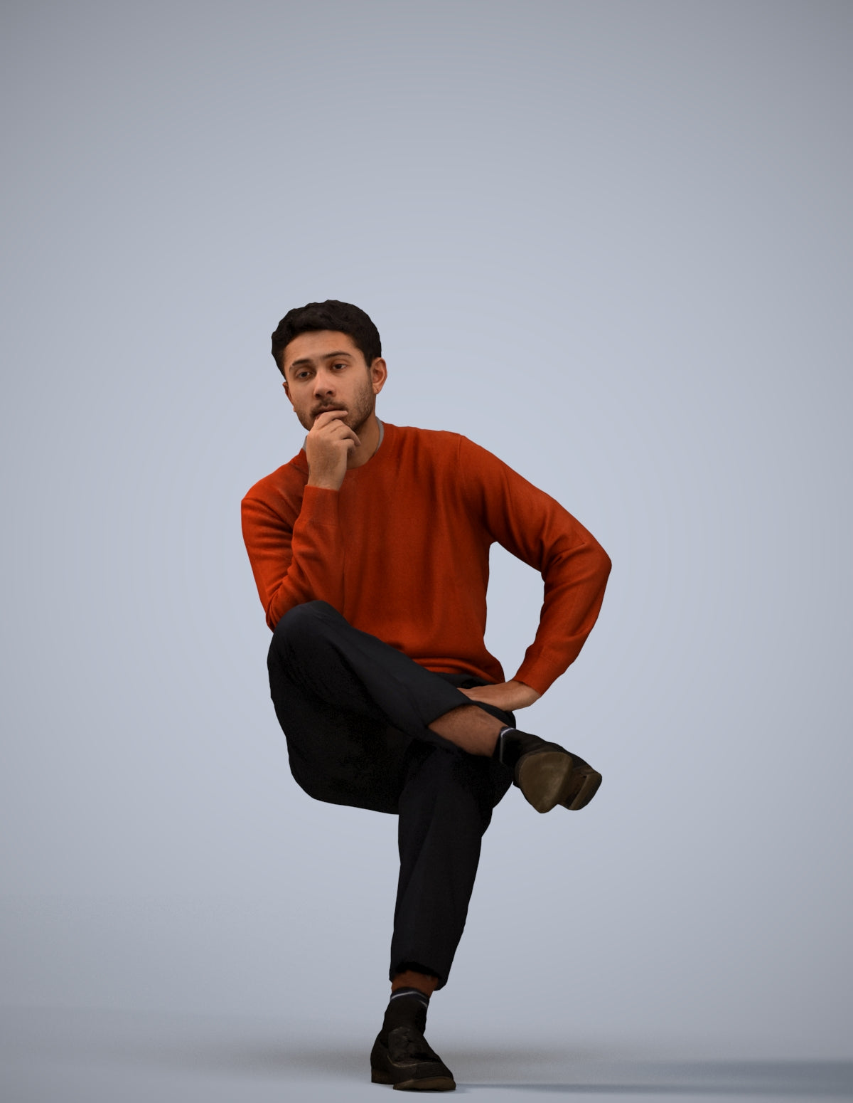3D human model man casual sitting, photogrammetry scanned person for archviz