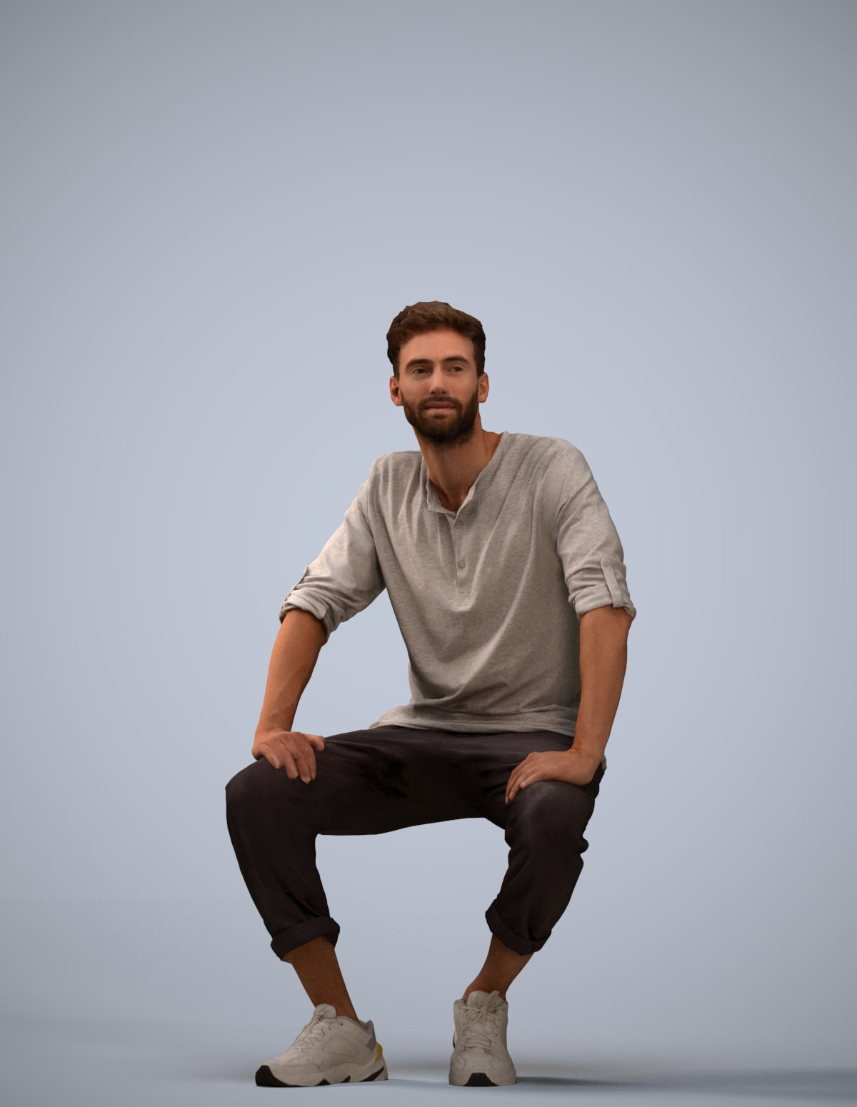 3D human model man casual sitting, photogrammetry scanned person for archviz