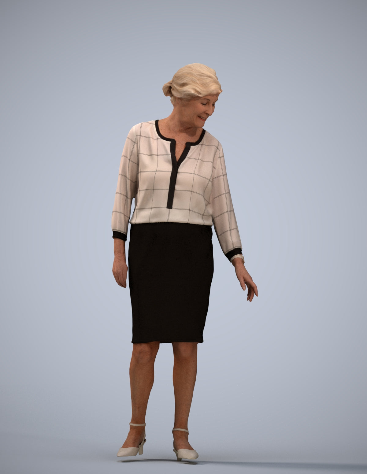 3D human model senior woman business standing, photogrammetry scanned person for archviz