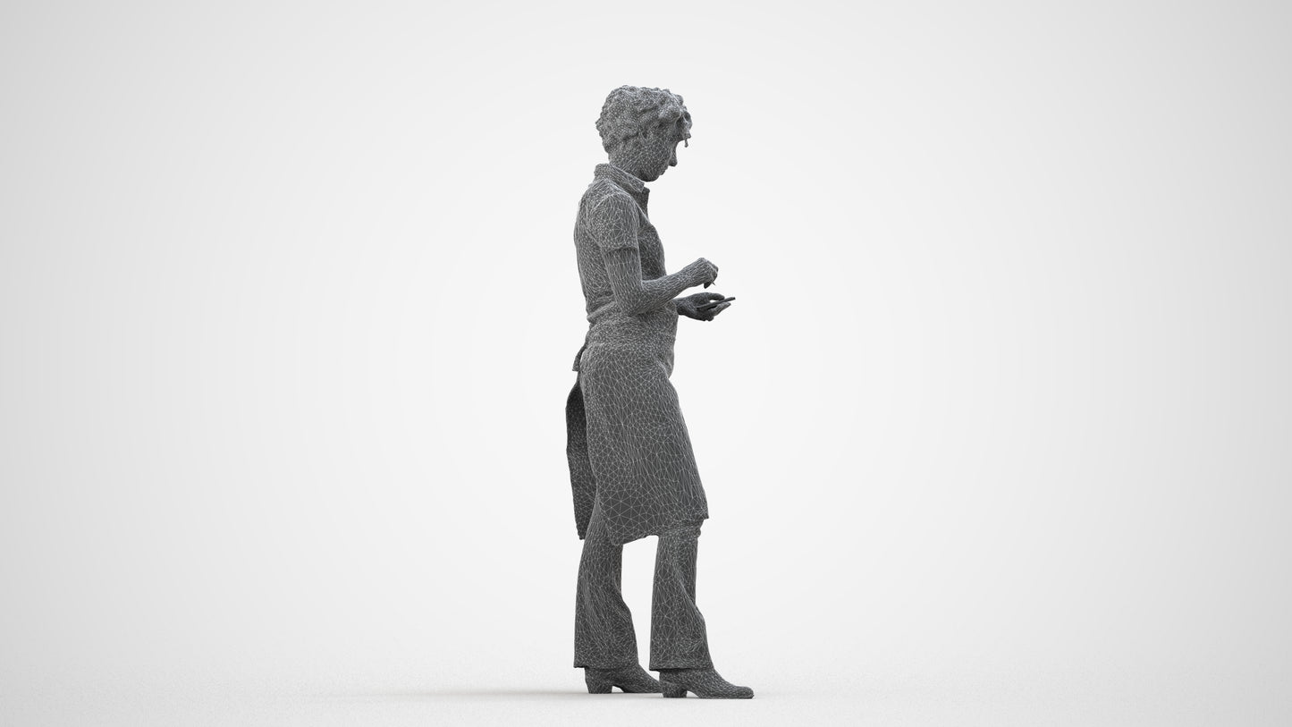 3D scanned woman hospitality, photorealistic archviz people for Enscape and SketchUp, wireframe side view