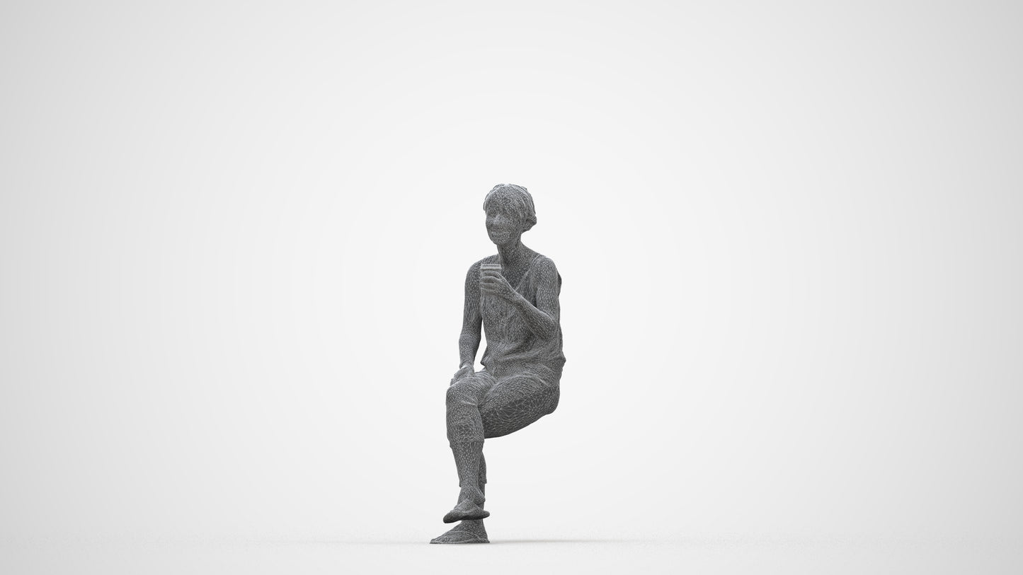 3D human model senior woman sitting, photogrammetry scanned person for archviz, wireframe back view
