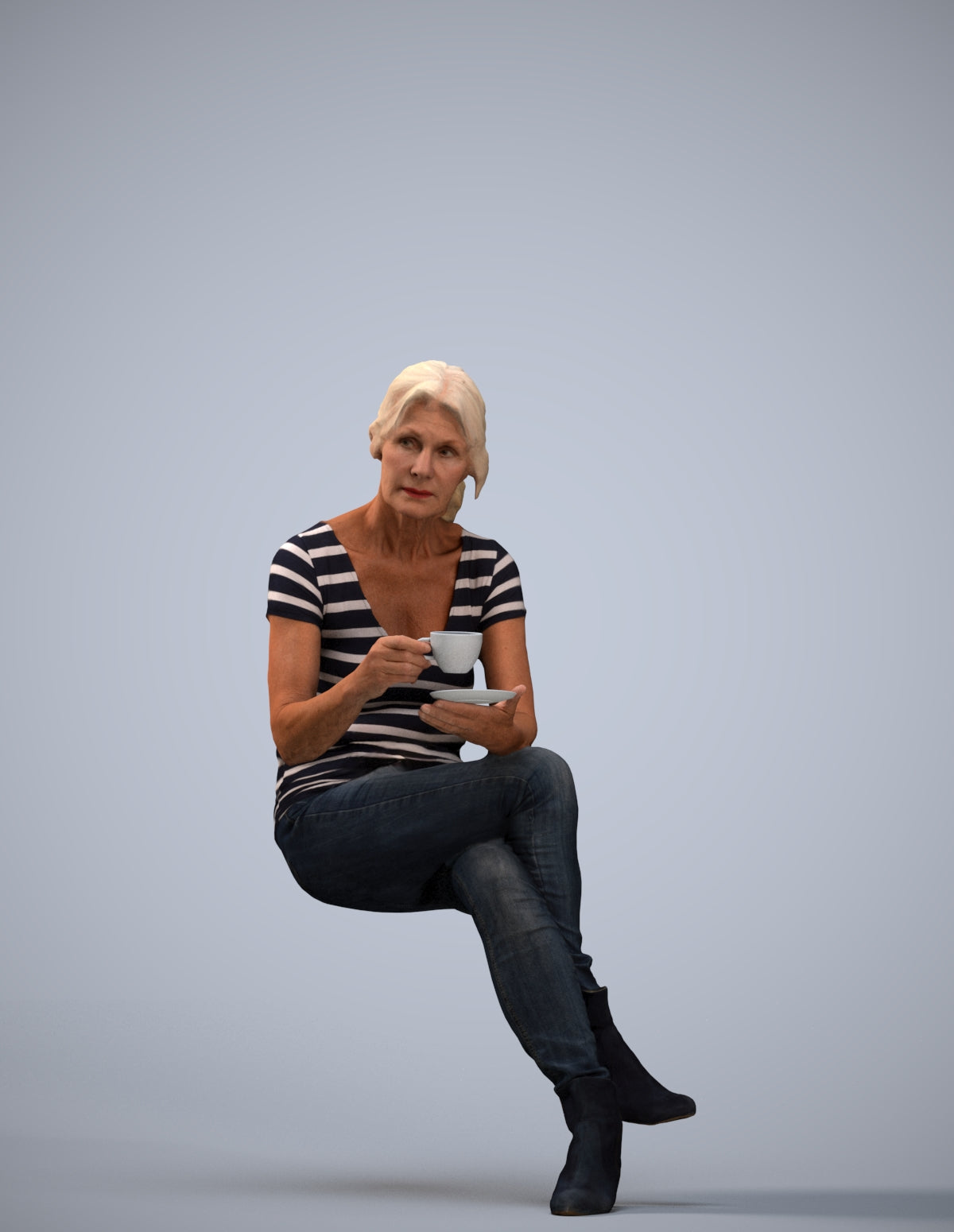3D scanned senior woman sitting casual, photorealistic archviz people for Enscape and SketchUp