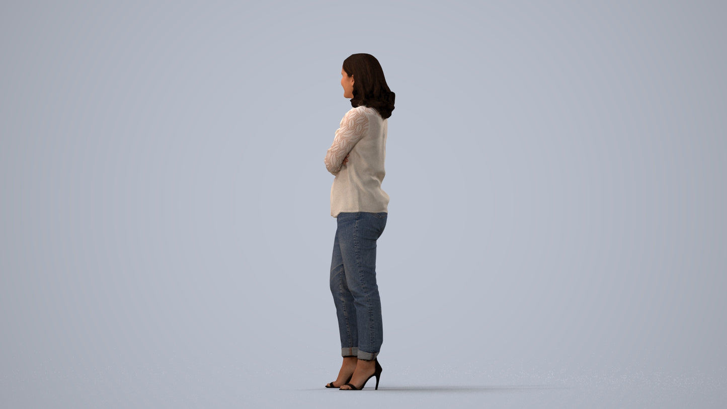 3D scanned woman standing casual, photorealistic archviz people for Enscape and SketchUp, three-quarter view render