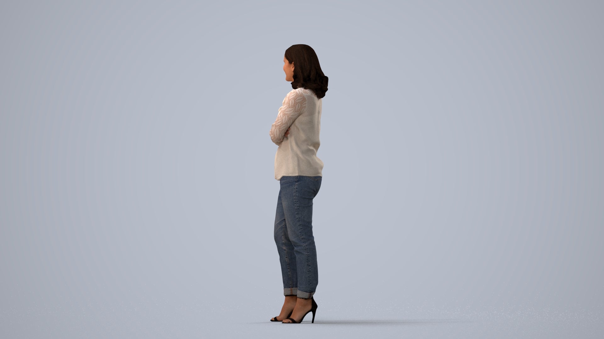 3D scanned woman standing casual, photorealistic archviz people for Enscape and SketchUp, three-quarter view render