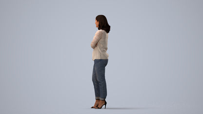 3D scanned woman standing casual, photorealistic archviz people for Enscape and SketchUp, three-quarter view render