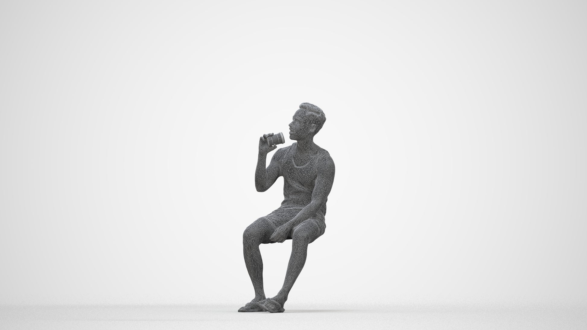 scanned 3D man casual sitting, photogrammetry people for Enscape and V-Ray, wireframe back view