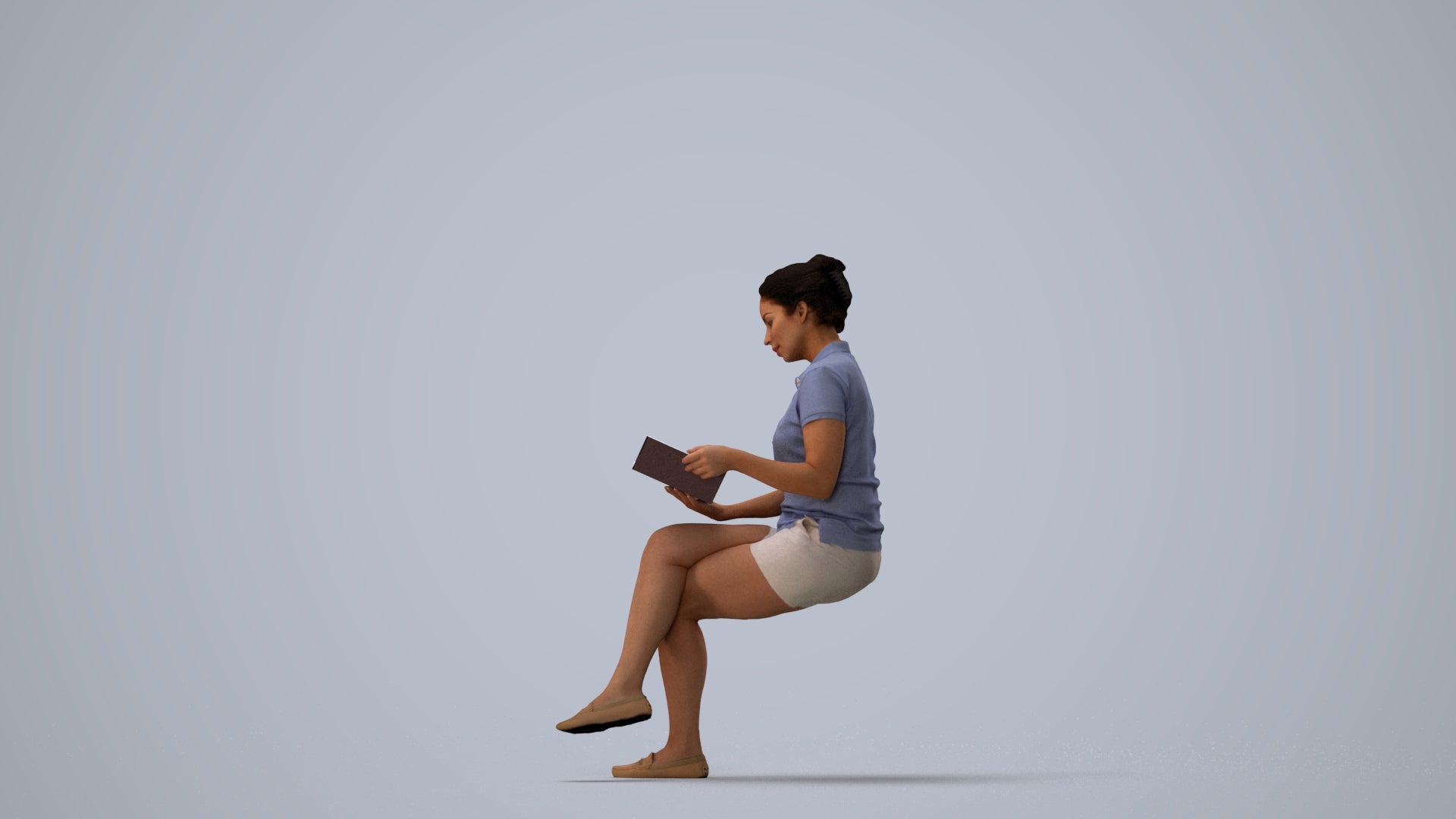 3D people model woman casual sitting, scanned human for 3ds Max rendering, three-quarter view render