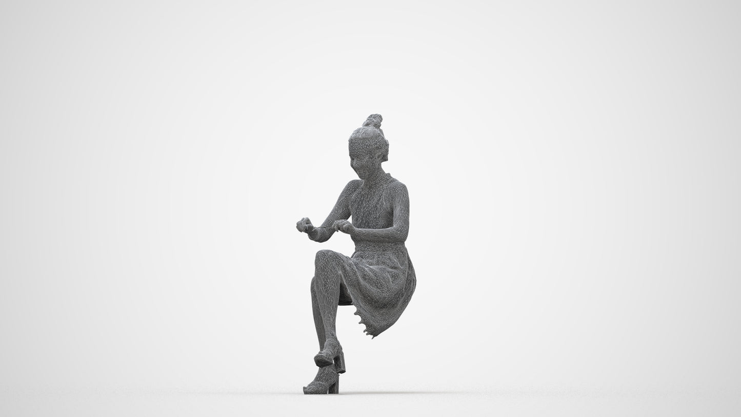 realistic 3D woman formal sitting, scanned archviz people for Blender and 3ds Max, wireframe back view
