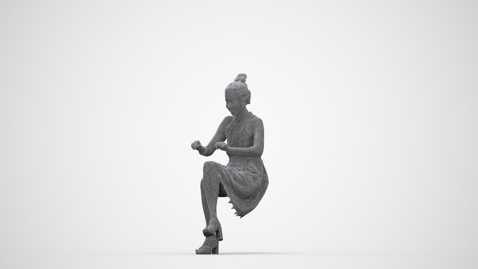 realistic 3D woman formal sitting, scanned archviz people for Blender and 3ds Max, wireframe back view