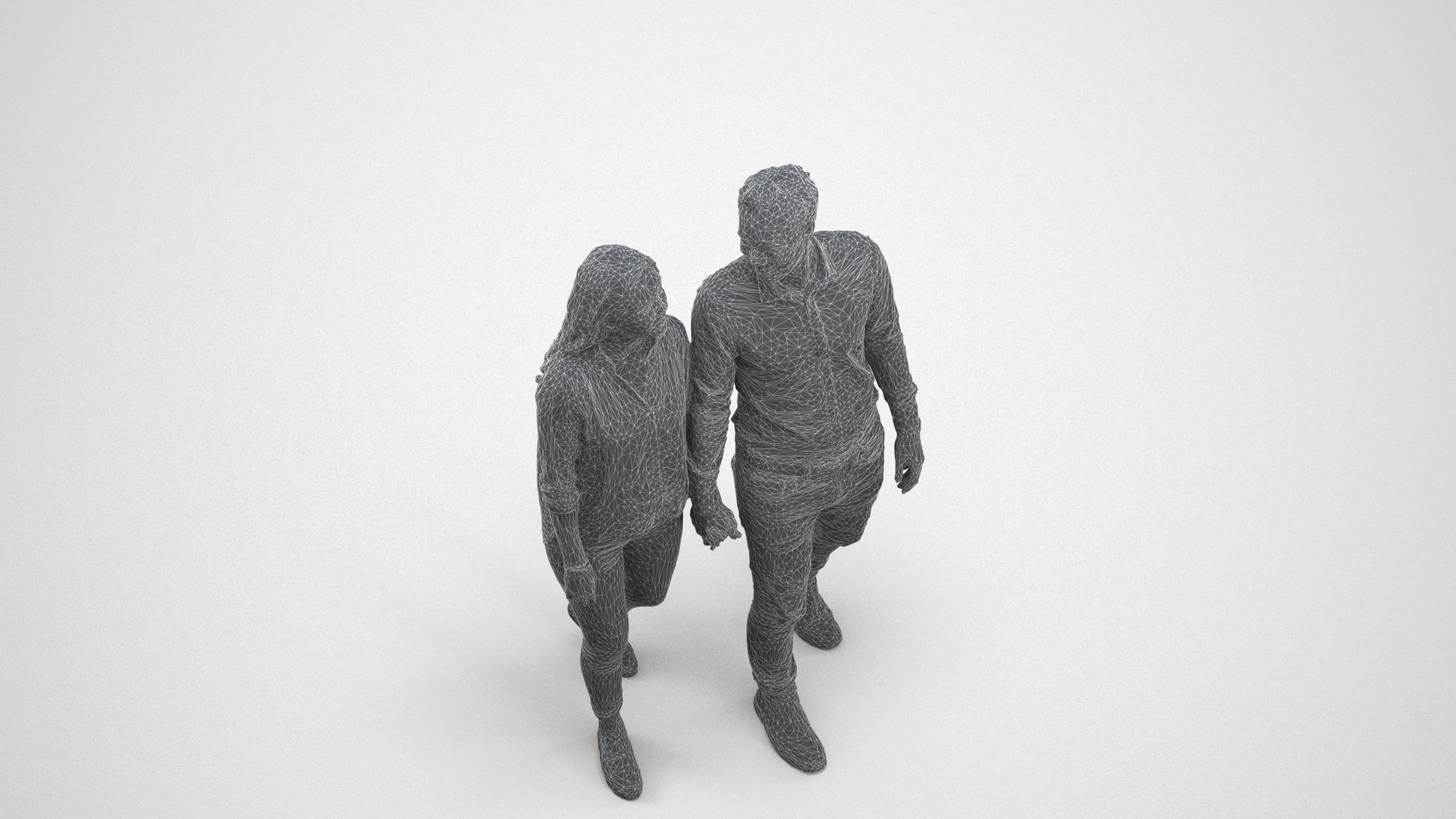 realistic 3D human woman casual couple, archviz people FBX OBJ for Blender, wireframe three-quarter view