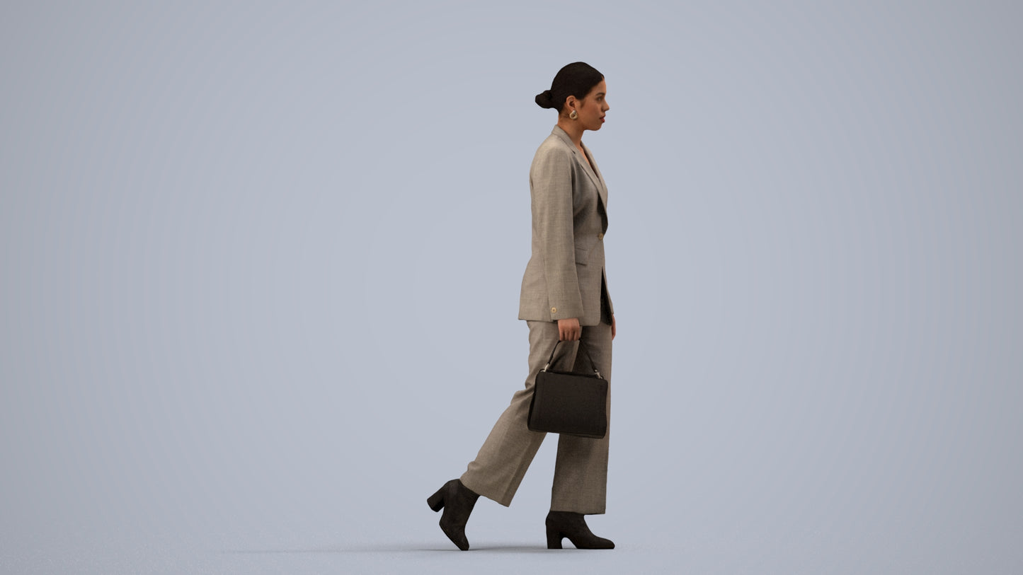realistic 3D woman business walking, scanned archviz people for Blender and 3ds Max, side view render