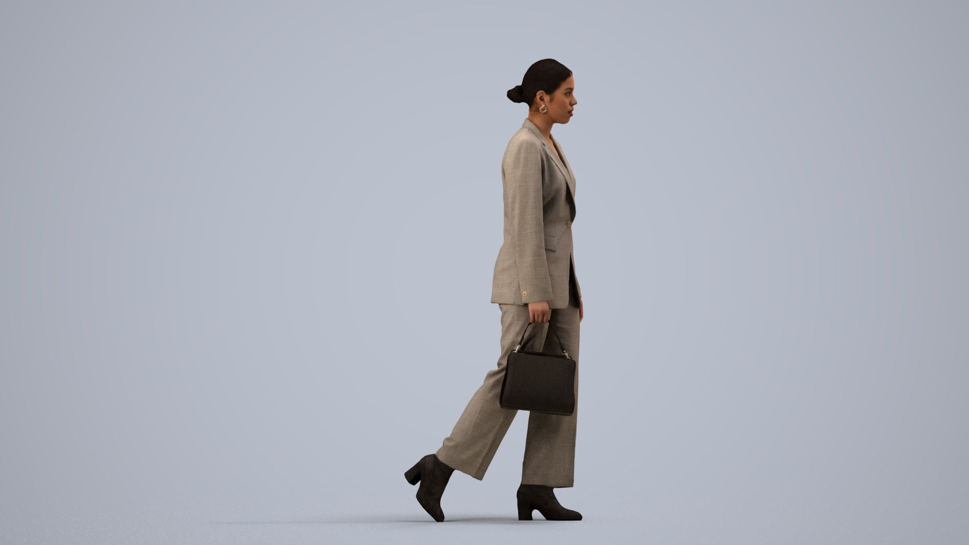 realistic 3D woman business walking, scanned archviz people for Blender and 3ds Max, side view render