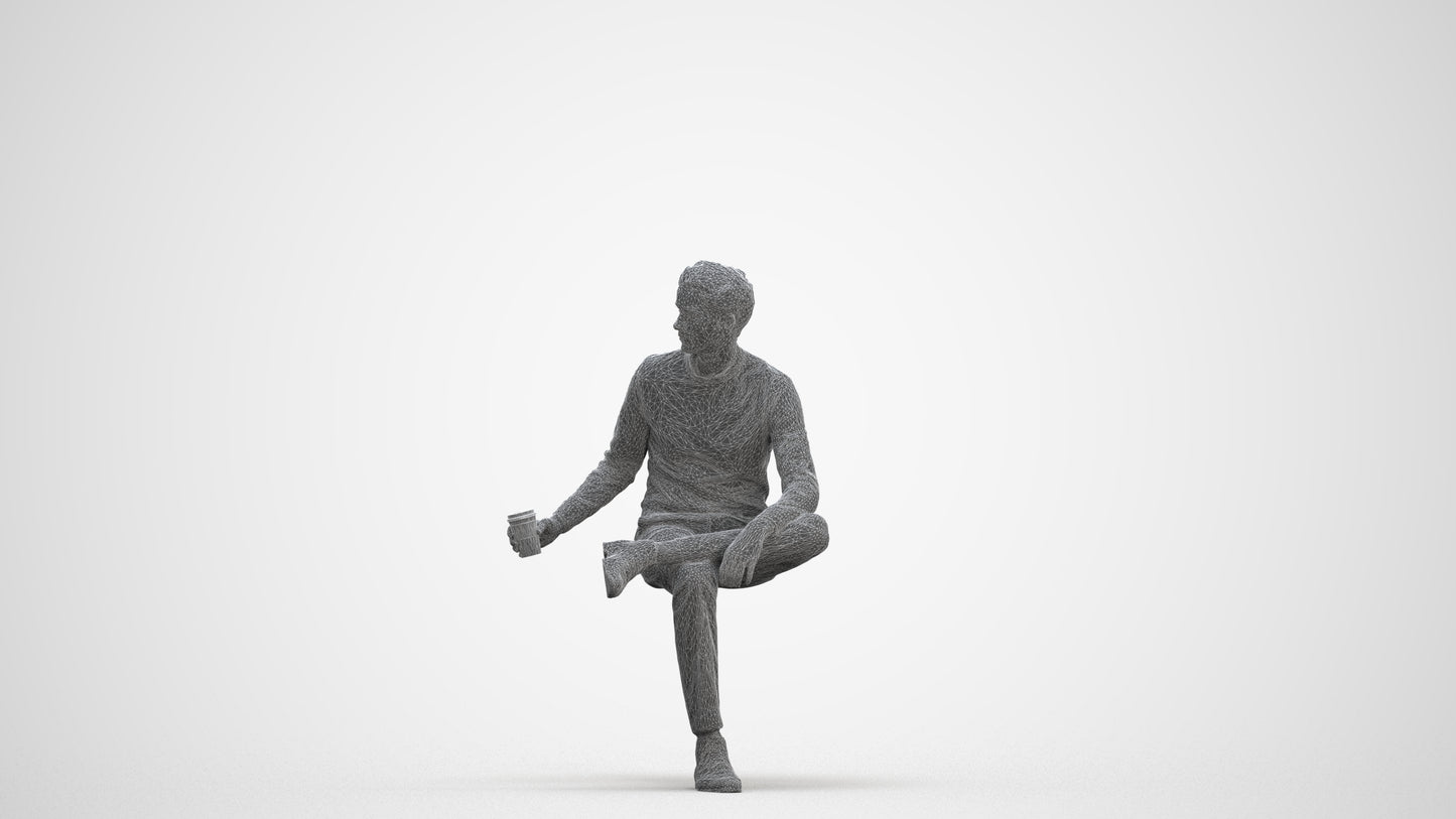 realistic 3D man casual sitting, scanned archviz people for Blender and 3ds Max, three-quarter front view render