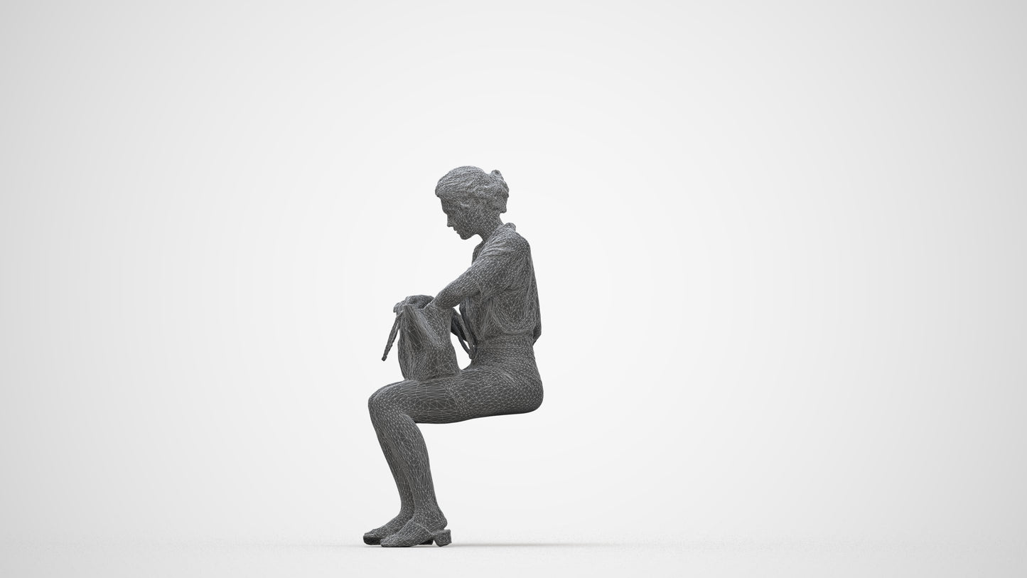3D scanned woman sitting casual, photorealistic archviz people for Enscape and SketchUp, wireframe back view