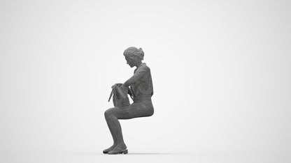 3D scanned woman sitting casual, photorealistic archviz people for Enscape and SketchUp, wireframe back view