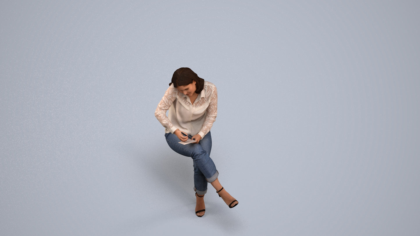 realistic 3D human woman casual sitting, archviz people FBX OBJ for Blender, back view render