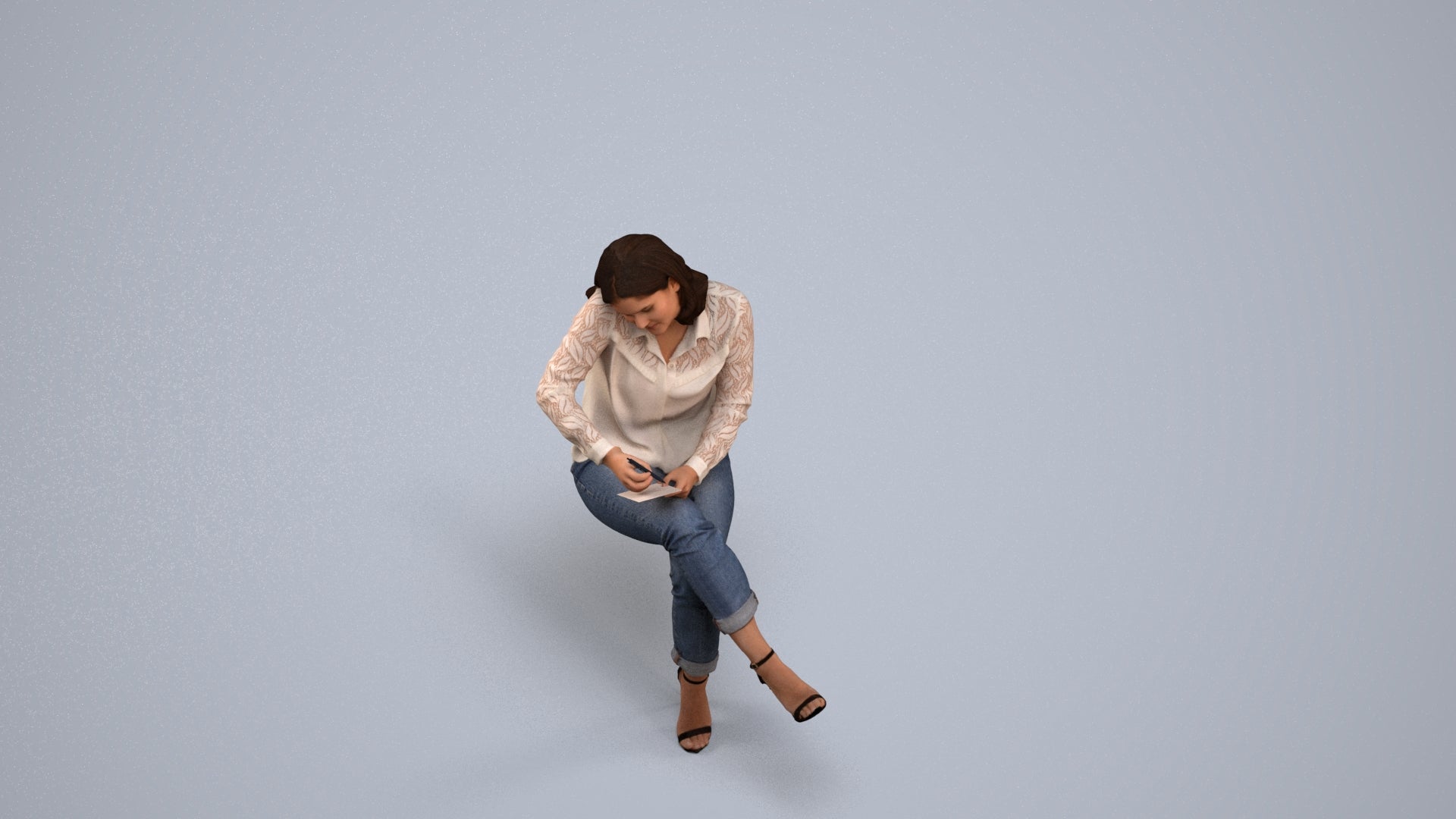 realistic 3D human woman casual sitting, archviz people FBX OBJ for Blender, back view render