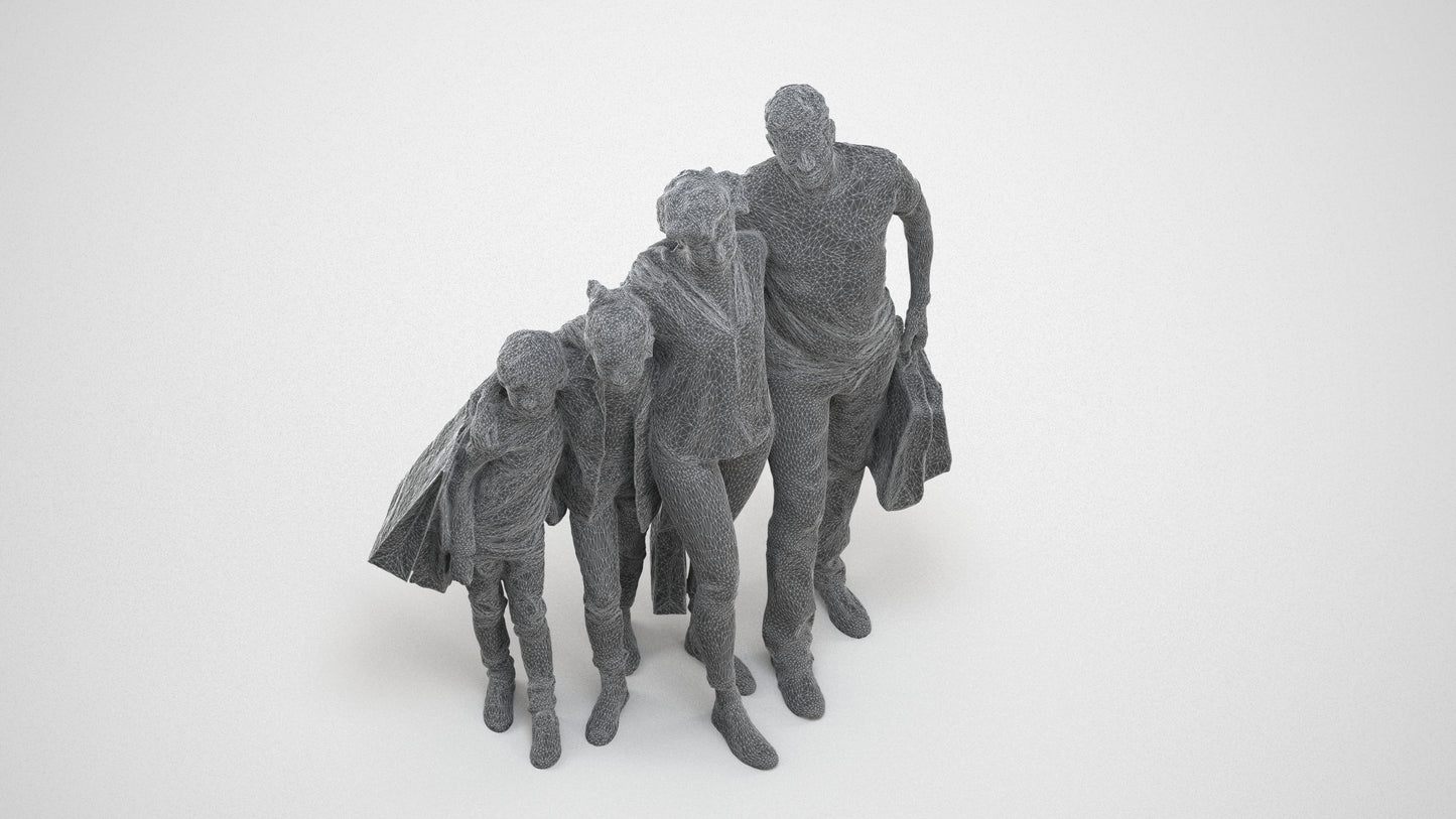 photogrammetry 3D girl casual kids, realistic human model archviz FBX, wireframe top-down view