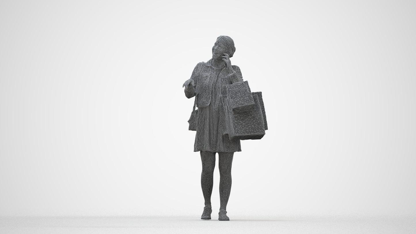 scanned 3D woman casual shopping, photogrammetry people for Enscape and V-Ray, wireframe back view