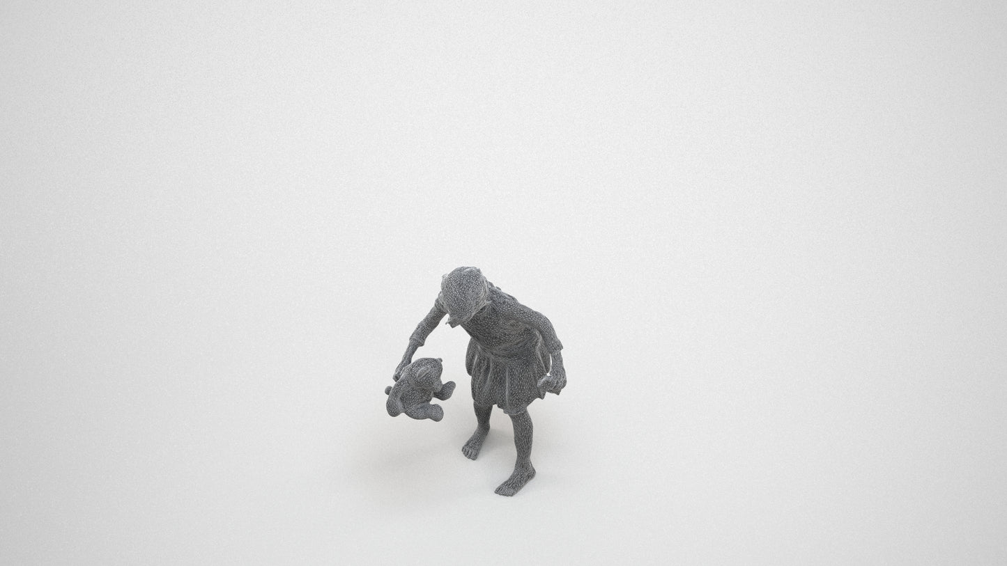 realistic 3D human girl kids, archviz people FBX OBJ for Blender, wireframe three-quarter view