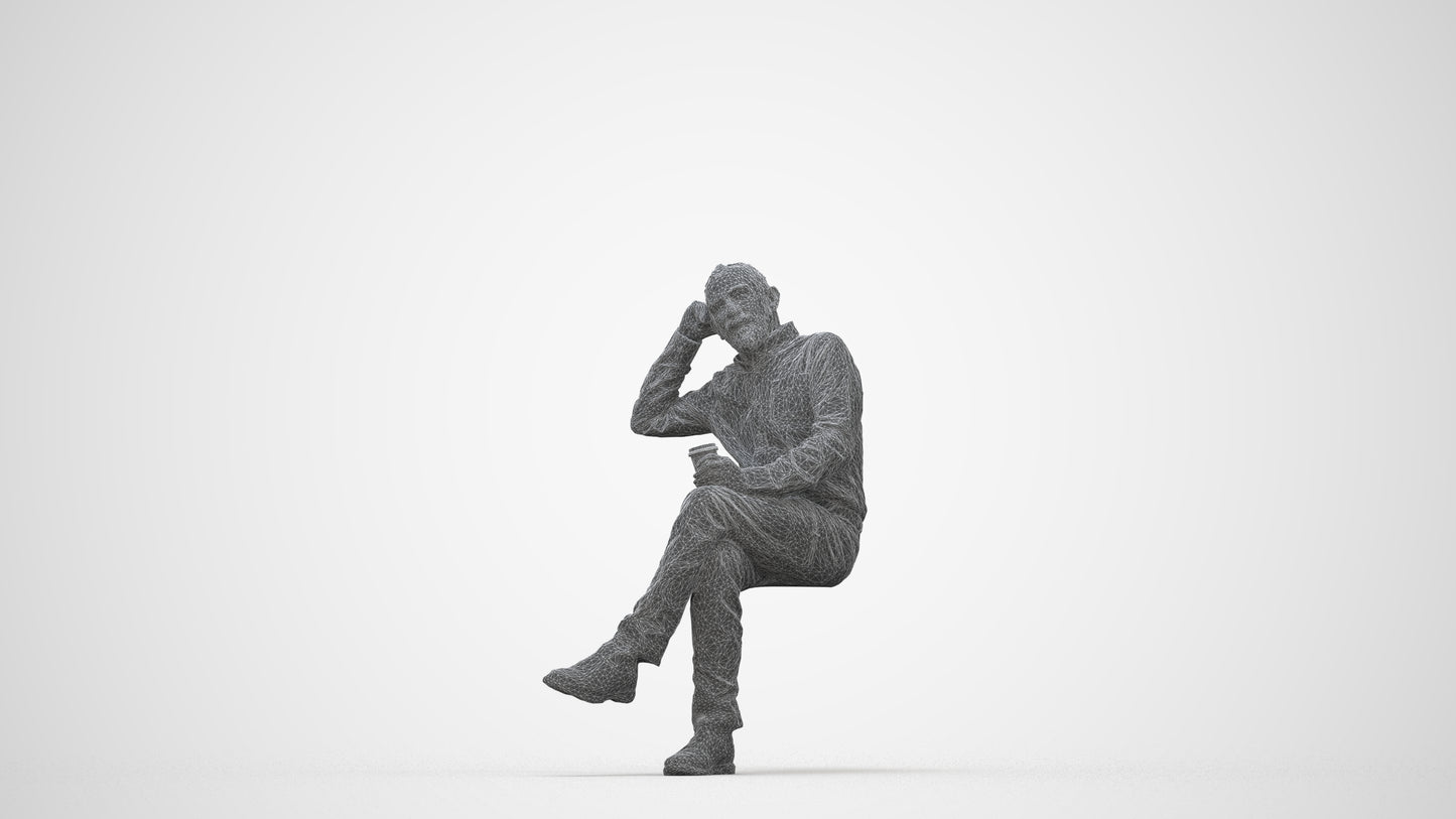 realistic 3D people senior man casual sitting, render-ready for V-Ray and Corona, FBX OBJ, wireframe back view