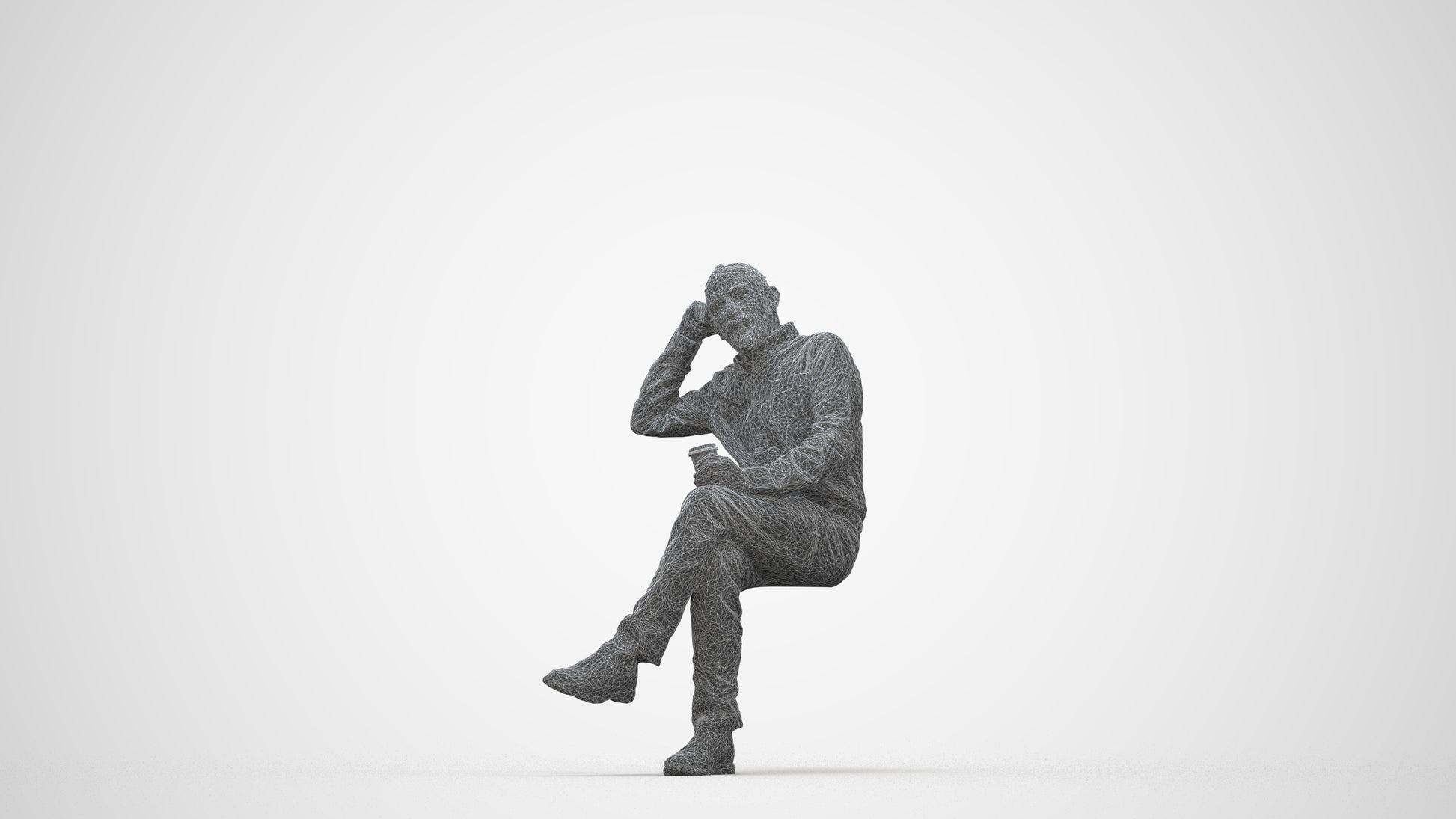 realistic 3D people senior man casual sitting, render-ready for V-Ray and Corona, FBX OBJ, wireframe back view