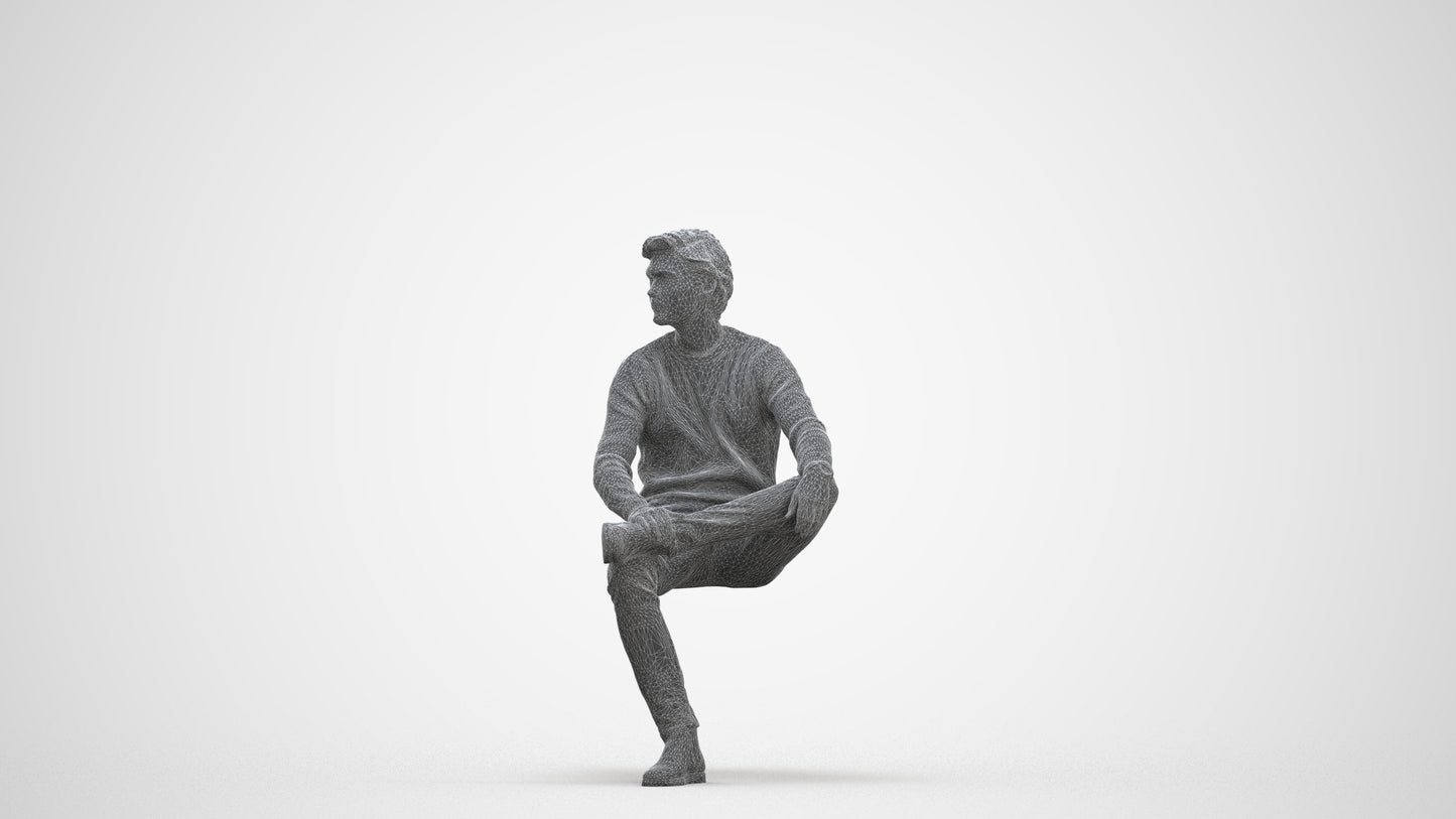 3D people model man casual sitting, scanned human for 3ds Max rendering, three-quarter front view render