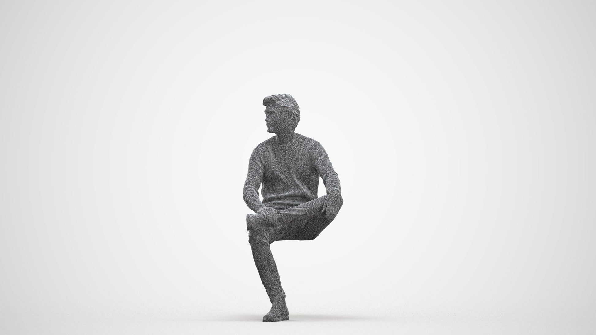 3D people model man casual sitting, scanned human for 3ds Max rendering, three-quarter front view render