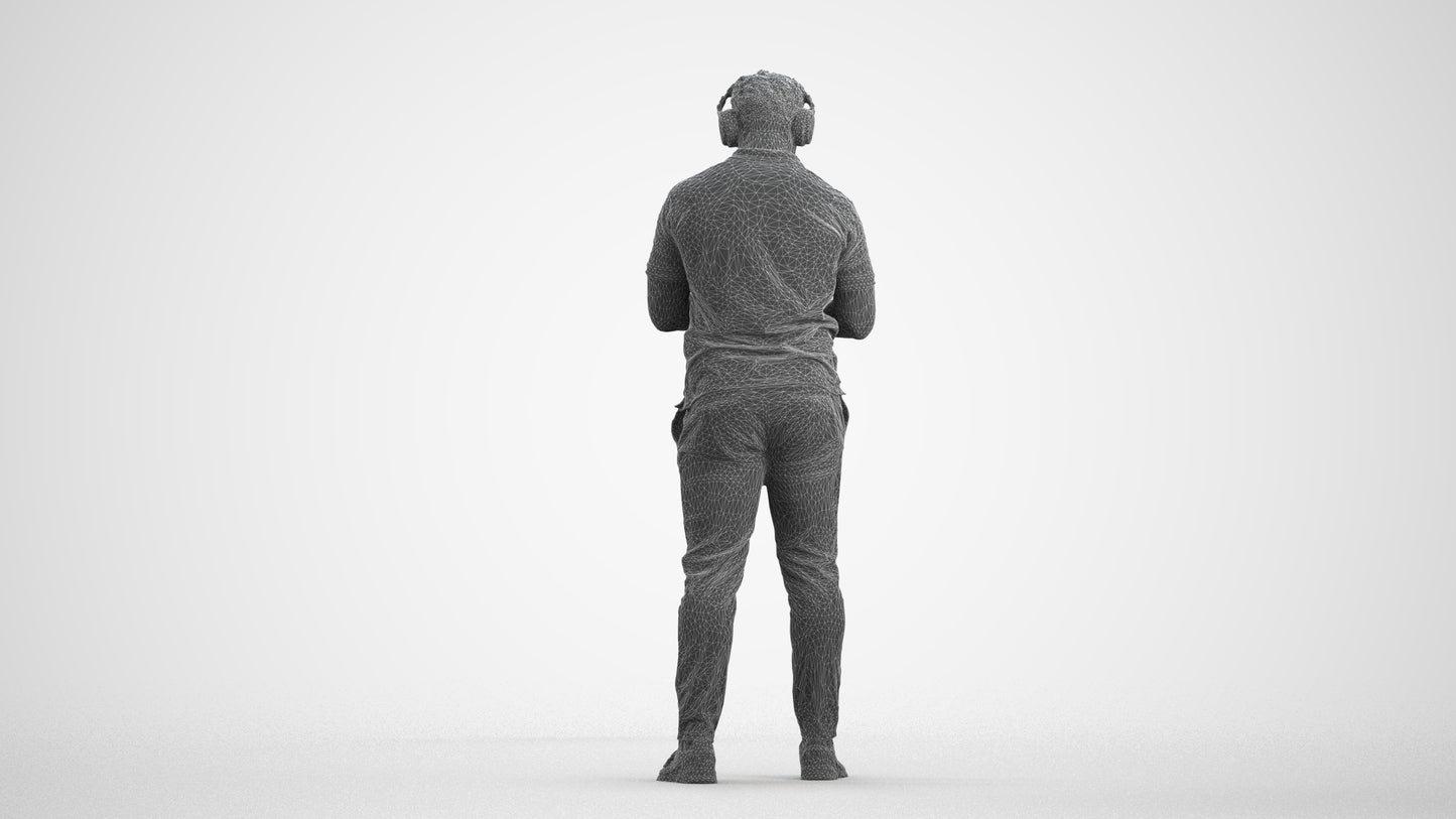 3D people model man casual standing, scanned human for 3ds Max rendering, wireframe side view