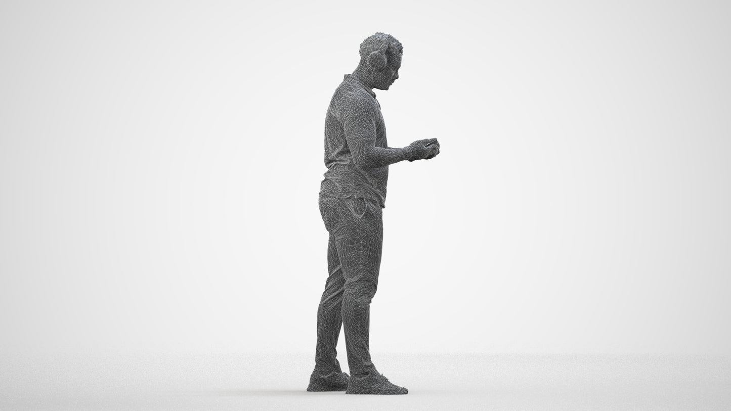 3D people model man casual standing, scanned human for 3ds Max rendering, wireframe three-quarter view
