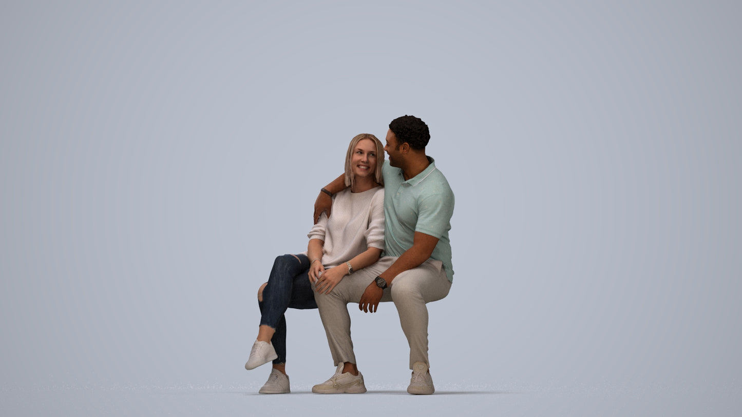 3D people model woman casual couple, scanned human for 3ds Max rendering, top-down view render