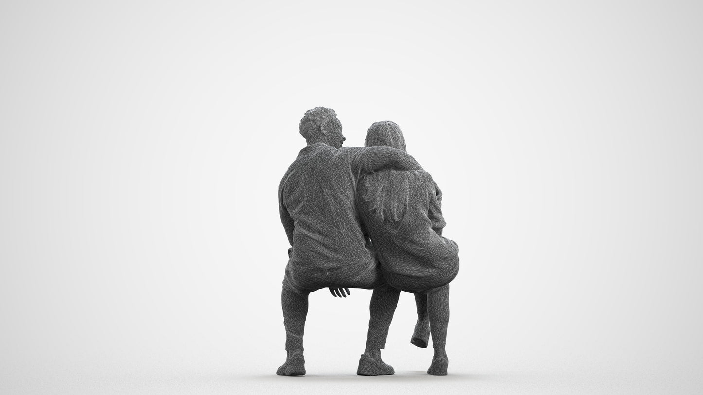 3D people model woman casual couple, scanned human for 3ds Max rendering, wireframe side view