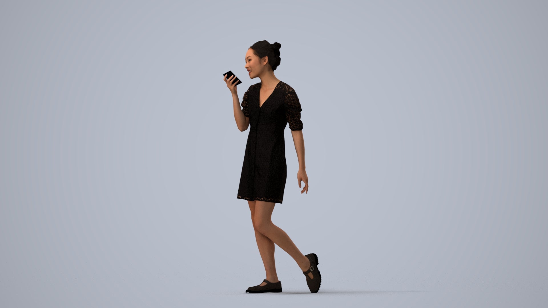 3D scanned woman walking business, photorealistic archviz people for Enscape and SketchUp, three-quarter view render