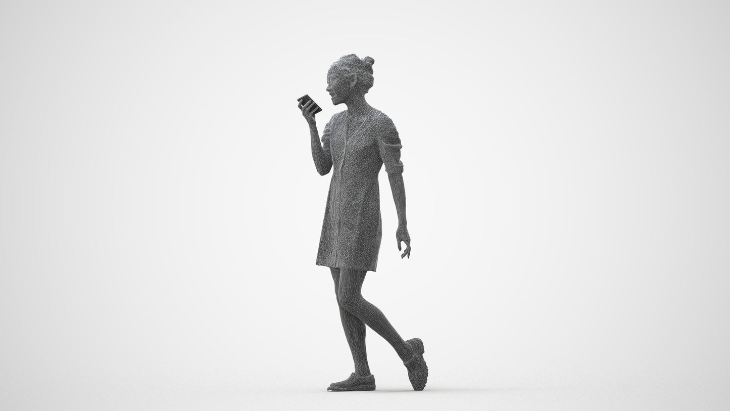 3D scanned woman walking business, photorealistic archviz people for Enscape and SketchUp, wireframe front view