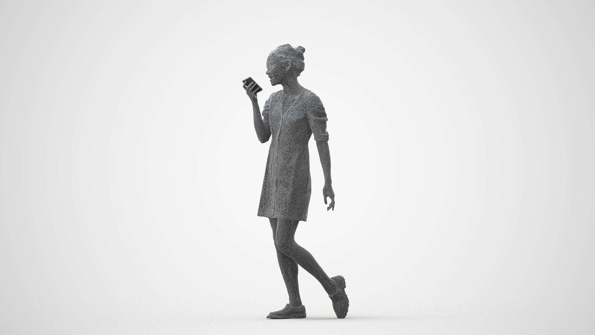 3D scanned woman walking business, photorealistic archviz people for Enscape and SketchUp, wireframe front view