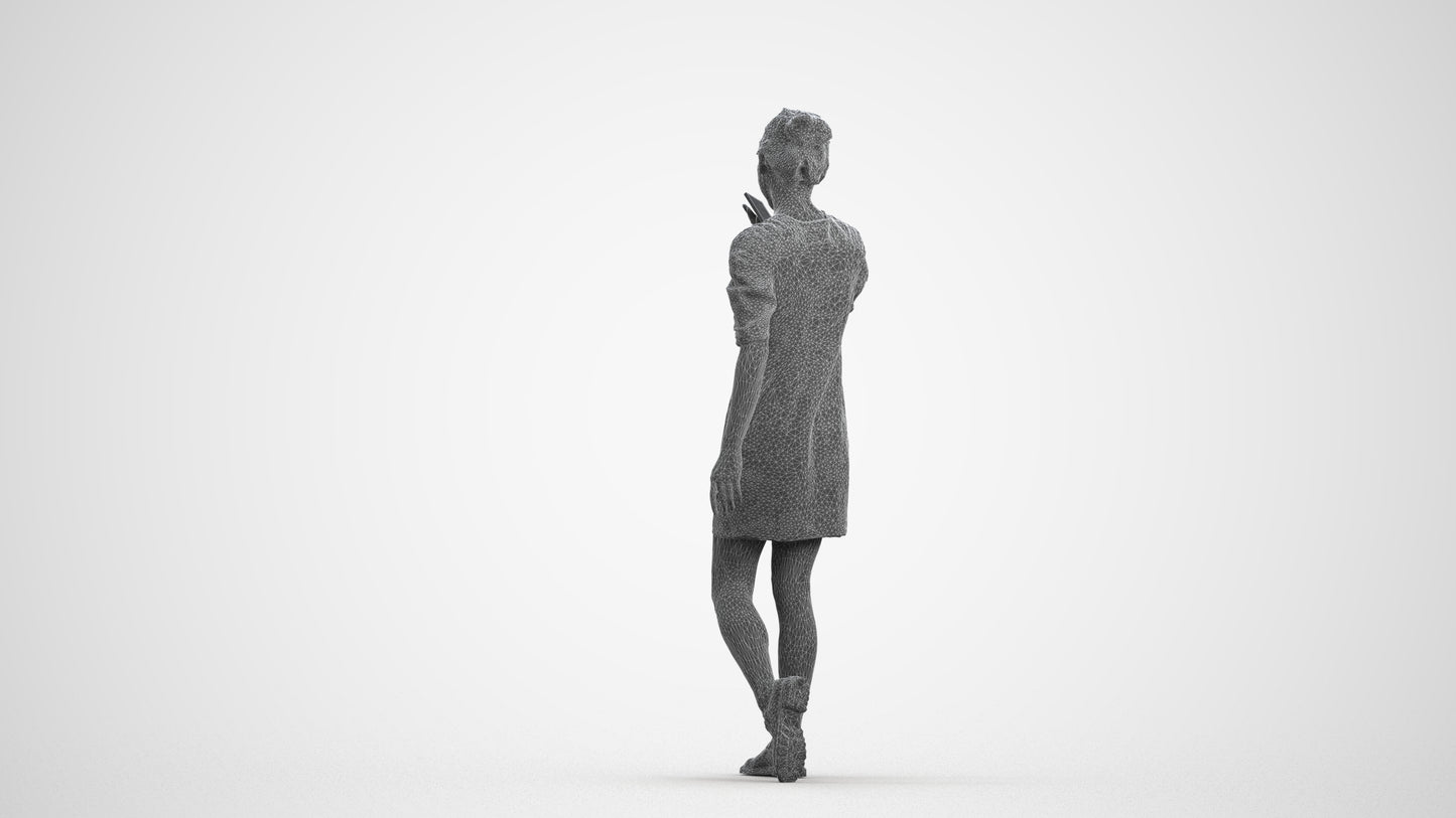3D scanned woman walking business, photorealistic archviz people for Enscape and SketchUp, wireframe side view
