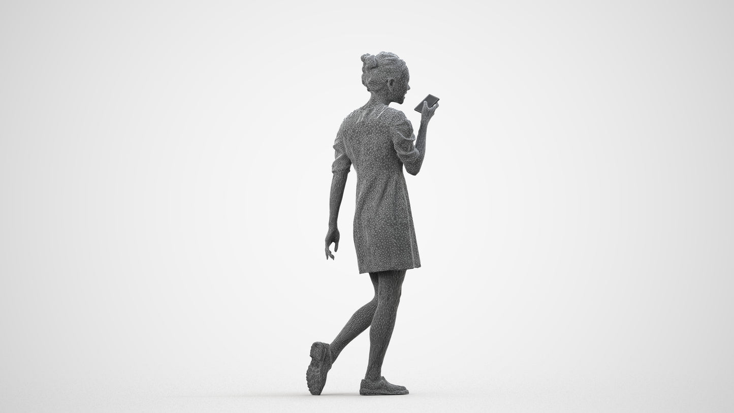3D scanned woman walking business, photorealistic archviz people for Enscape and SketchUp, wireframe three-quarter view