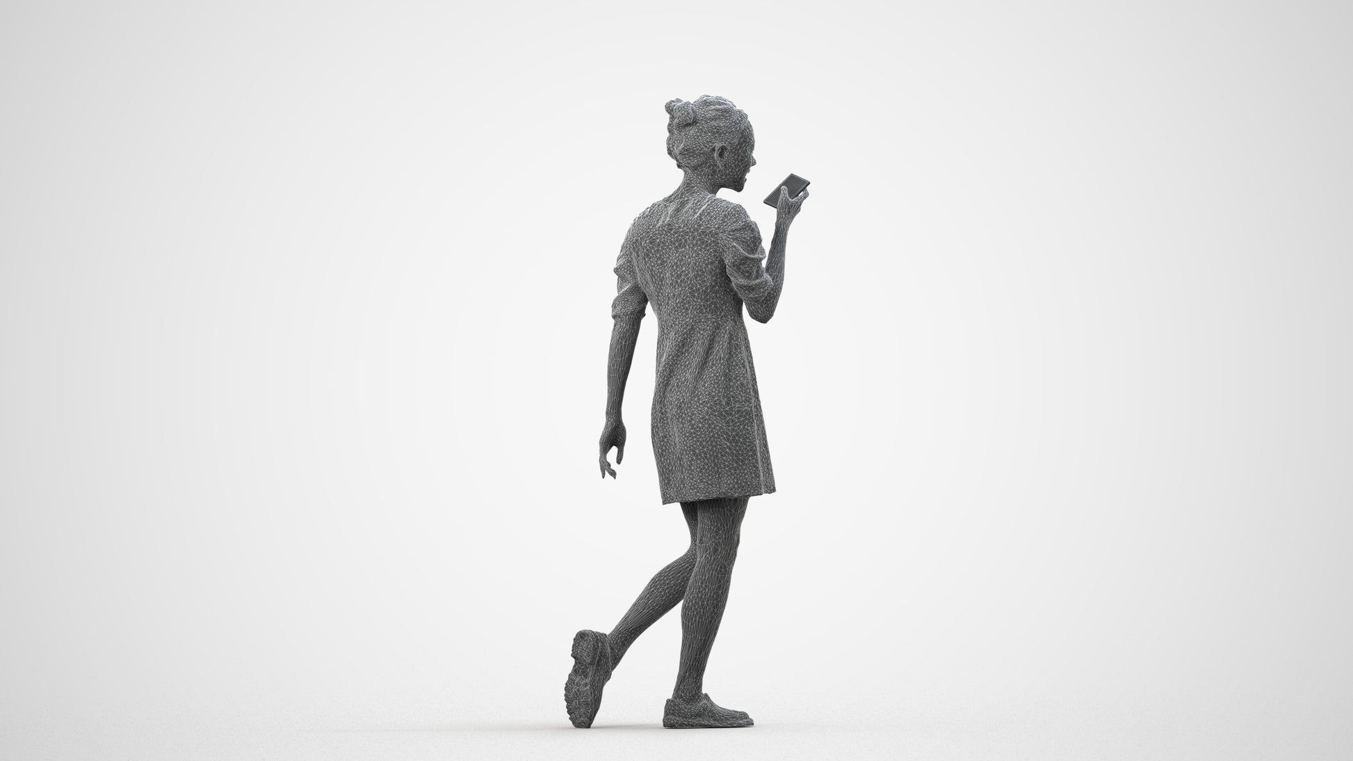 3D scanned woman walking business, photorealistic archviz people for Enscape and SketchUp, wireframe three-quarter view