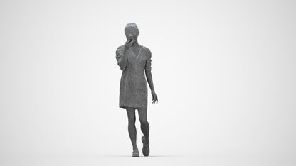 3D scanned woman walking business, photorealistic archviz people for Enscape and SketchUp, wireframe top-down view