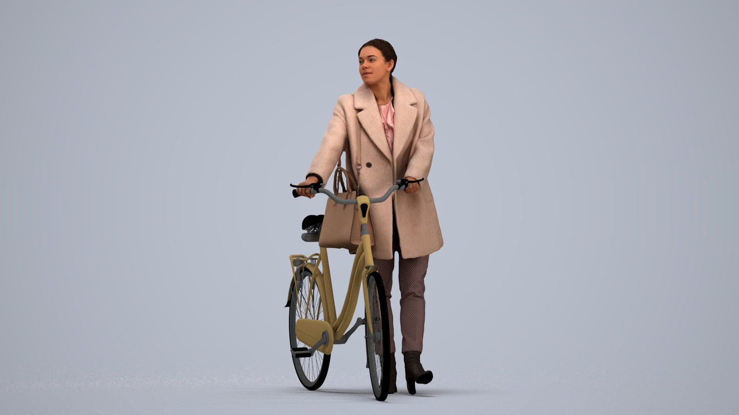 realistic 3D people woman business cycling, render-ready for V-Ray and Corona, FBX OBJ, standing pose render