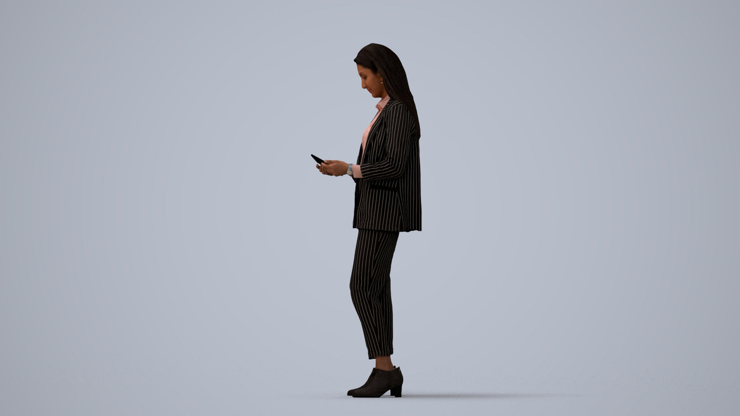 3D human model woman business, photogrammetry scanned person for archviz, three-quarter view render