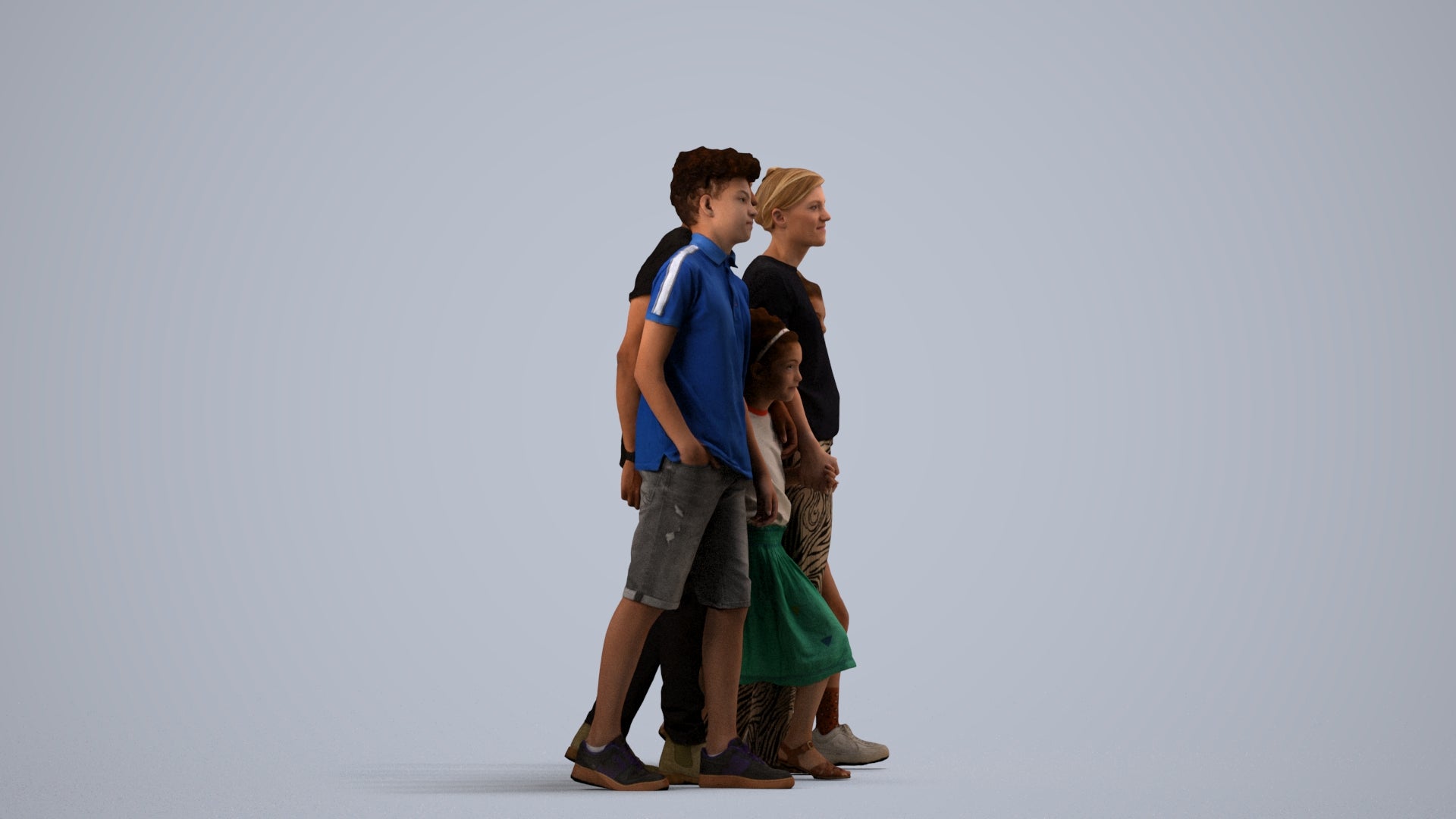 realistic 3D girl casual kids, scanned archviz people for Blender and 3ds Max, top-down view render