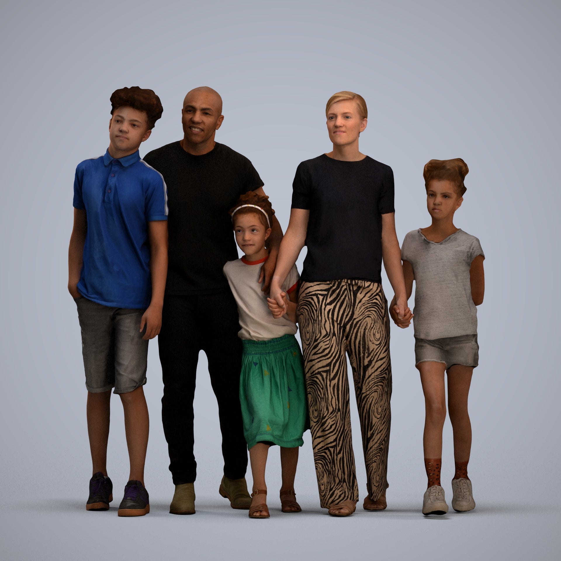realistic 3D girl casual kids, scanned archviz people for Blender and 3ds Max, wireframe front view